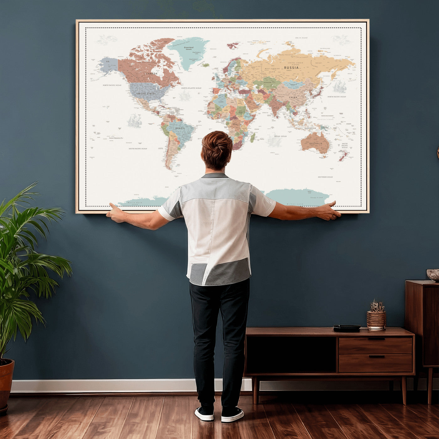 63447567-MGV-CV-36X24 - World Map Wall Art Canvas Print, Modern Decorative Framed Map Artwork Prints for Living Room, Office, Bedroom Wall Decor