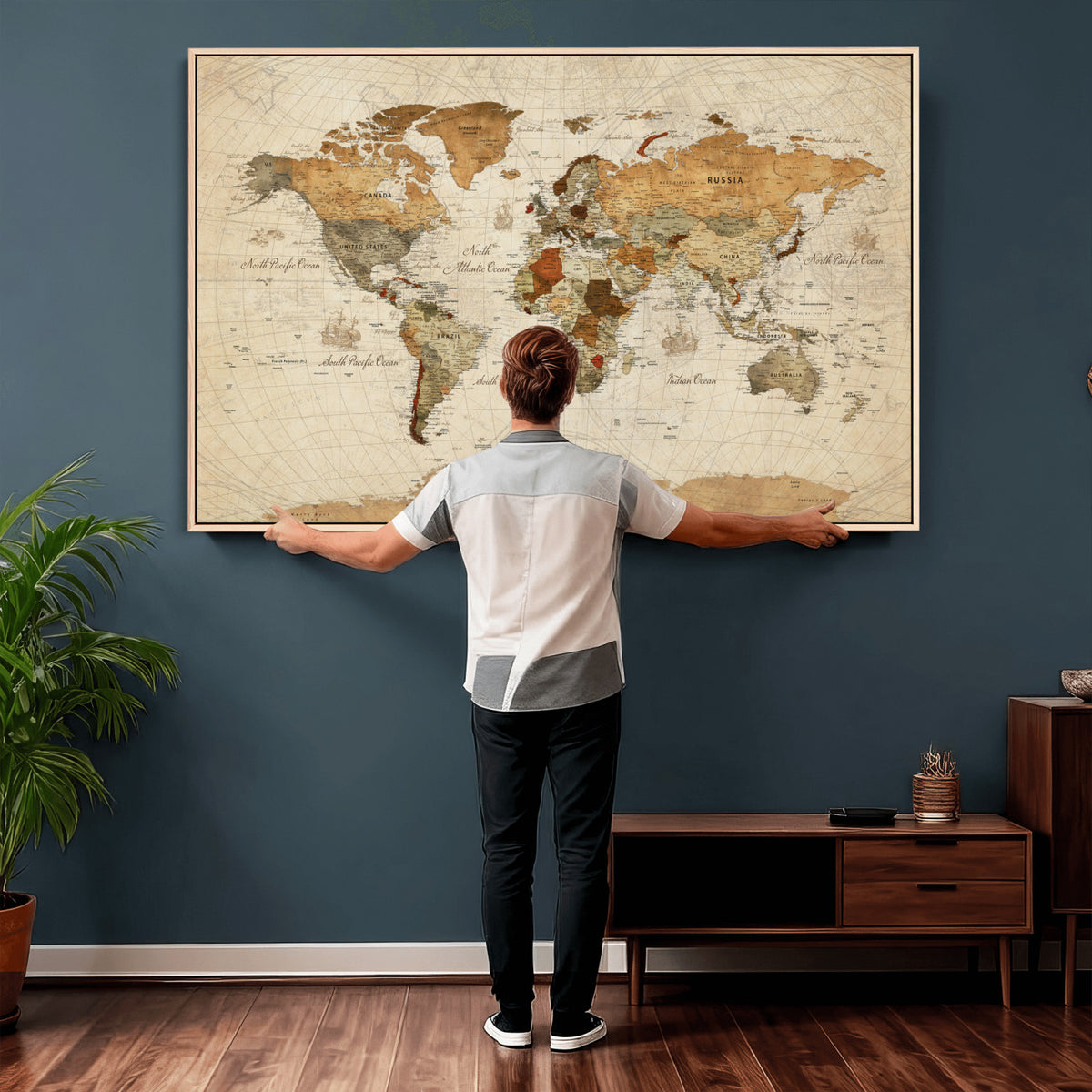 29684537-MGV-CV-36X24 - Vintage World Map Canvas Print, Framed Rustic Detailed Map of the World, Explorer Decor