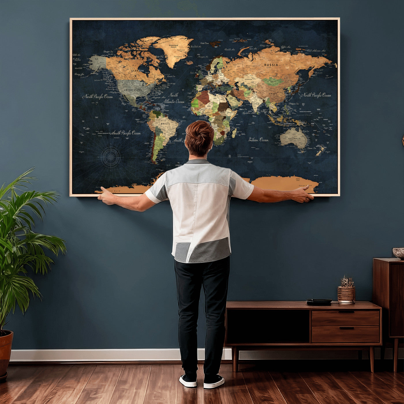 53717402-MGV-CV-36X24 - World Map Wall Art Canvas Print, Modern Decorative Framed Map Artwork Prints for Living Room, Office, Bedroom Wall Decor