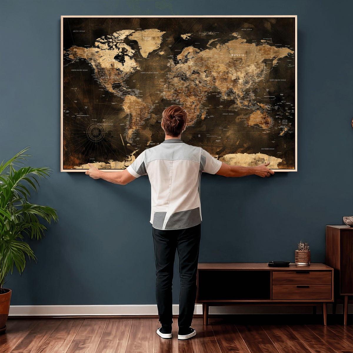 97742922-MGV-CV-36X24 - World Map Canvas Print, Modern Decorative Framed Map Artwork