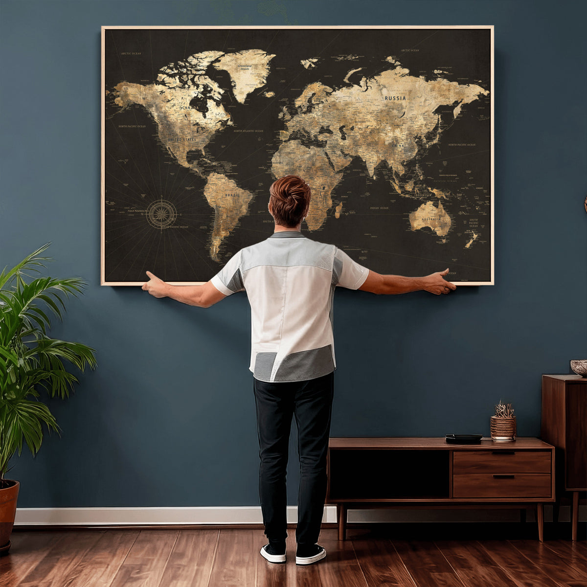 70985630-MGV-CV-36X24 - Framed World Map with Pin Canvas Print – Detailed World Map