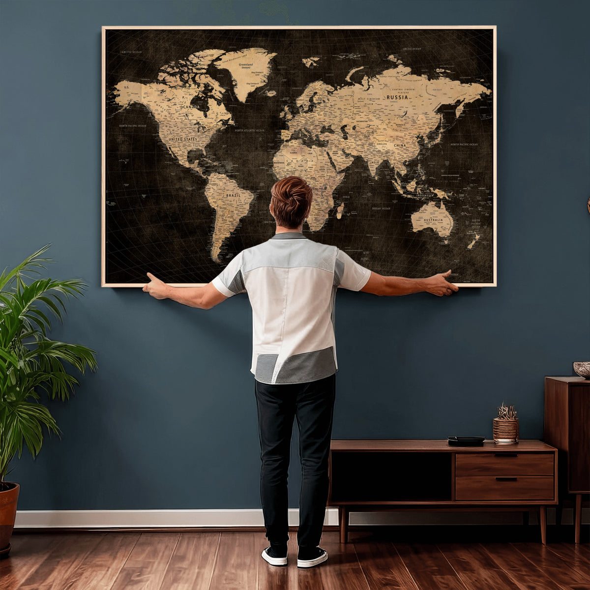 15118265-MGV-CV-36X24 - Brown World Map Canvas Print | Modern Travel Map Wall Art