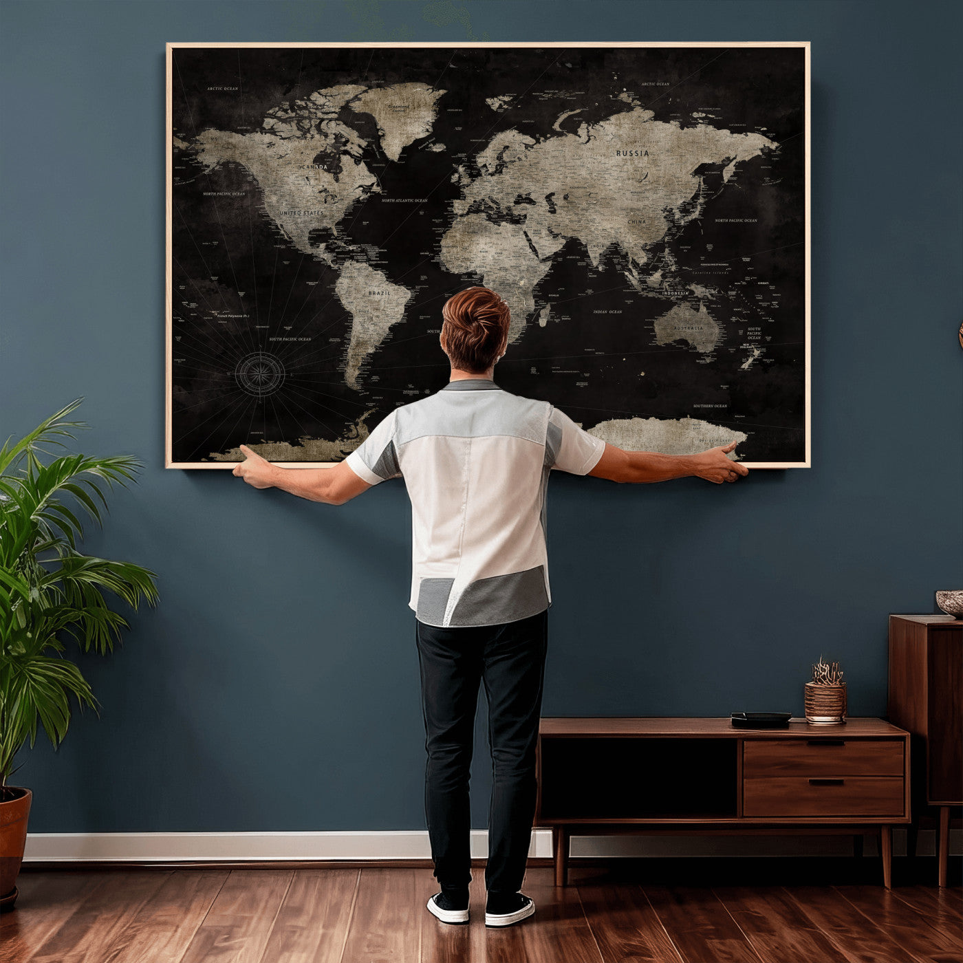 56225956-MGV-CV-36X24 - World Map Wall Art Canvas Print, Modern Decorative Framed Map Artwork Prints for Living Room, Office, Bedroom Wall Decor