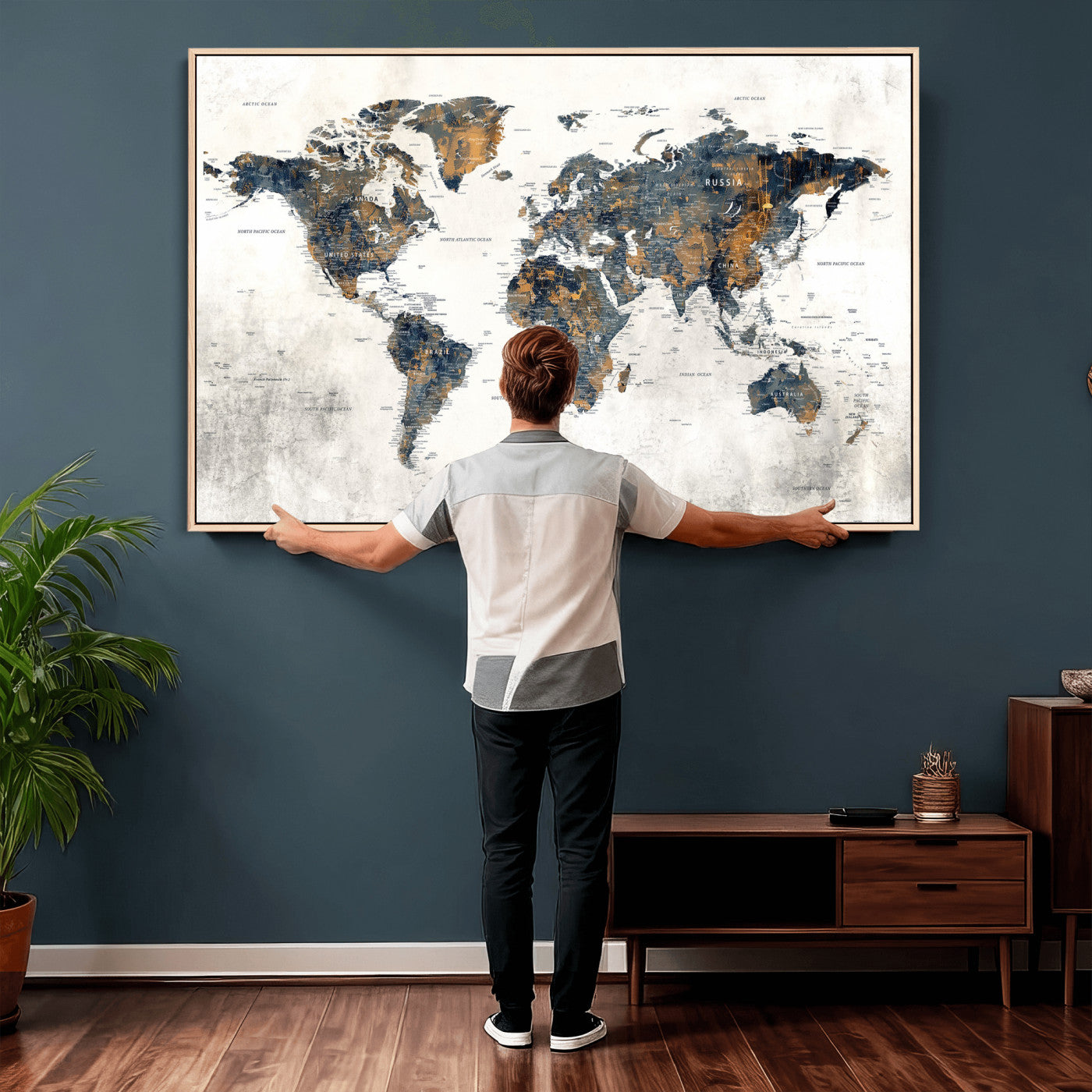 52451147-MGV-CV-36X24 - World Map Wall Art Canvas Print, Modern Decorative Framed Map Artwork Prints for Living Room, Office, Bedroom Wall Decor