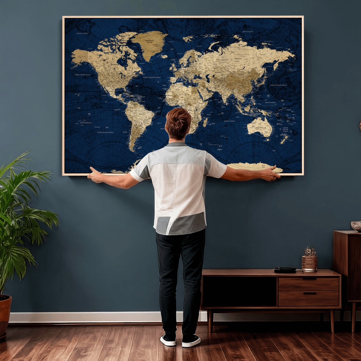 54770746-MGV-CV-36X24 - Navy Blue World Map Canvas Print – Detailed Map Minimal Navy