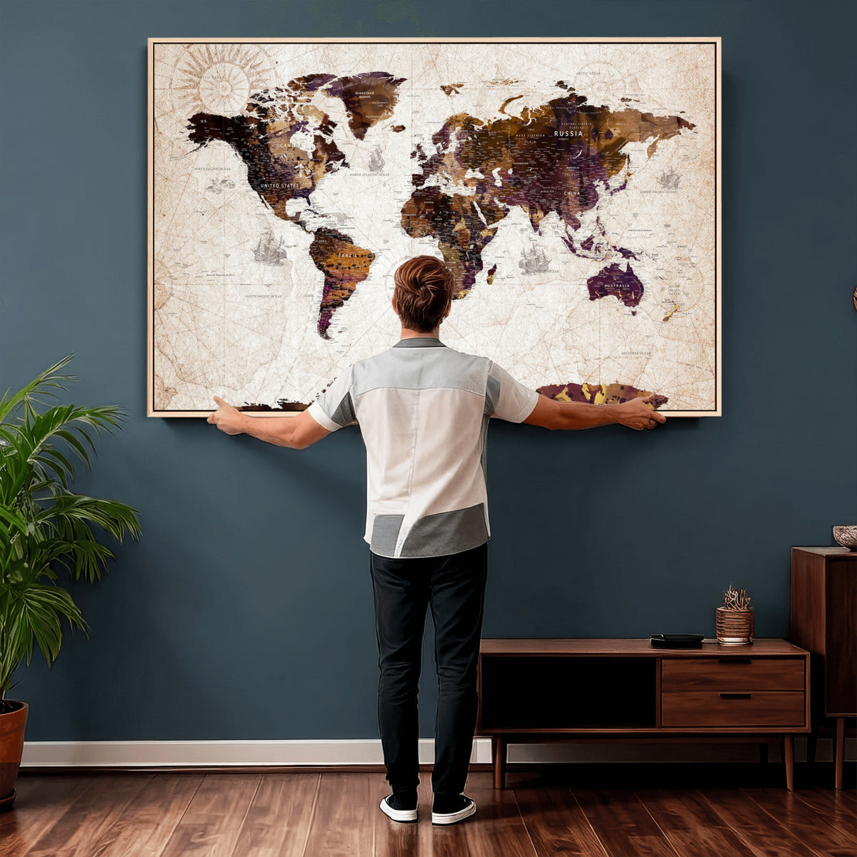 53400857-MGV-CV-36X24 - Blue Watercolor World Map Canvas Print – Framed Modern Wall