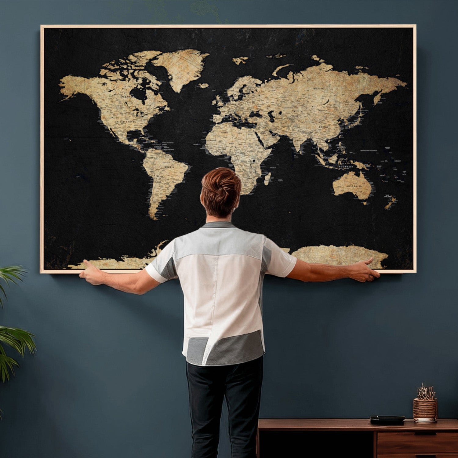 71518849-MGV-CV-36X24 - World Map Wall Art Canvas Print, Modern Decorative Framed Map Artwork Prints for Living Room, Office, Bedroom Wall Decor