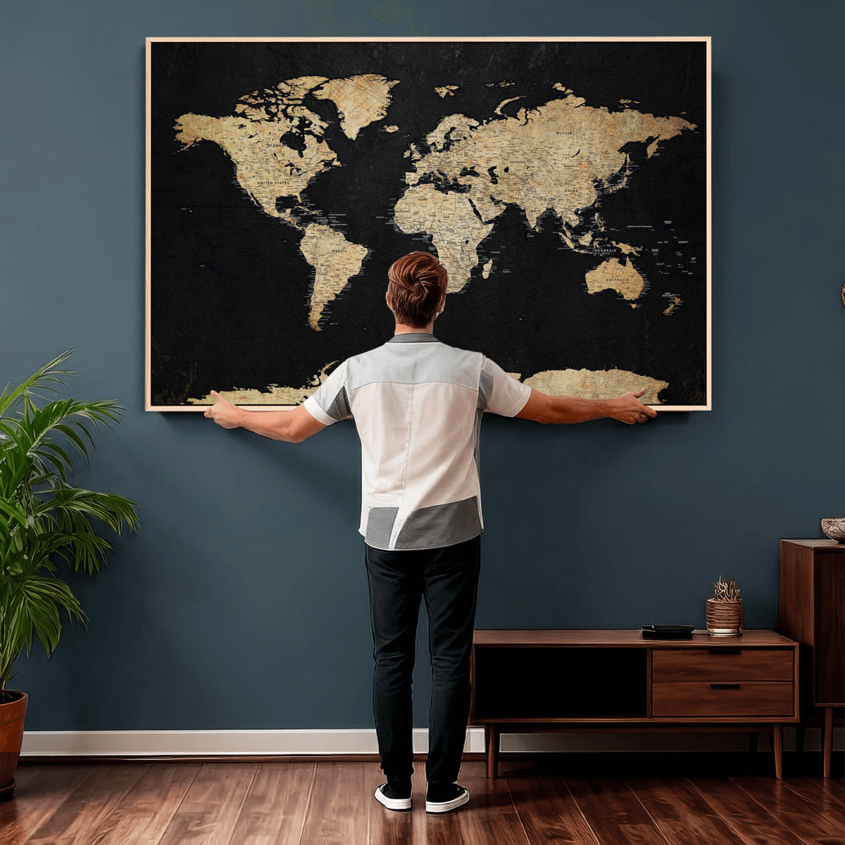 71518849-MGV-CV-36X24 - Beige World Map Canvas Wall Art Print, Minimal Black and