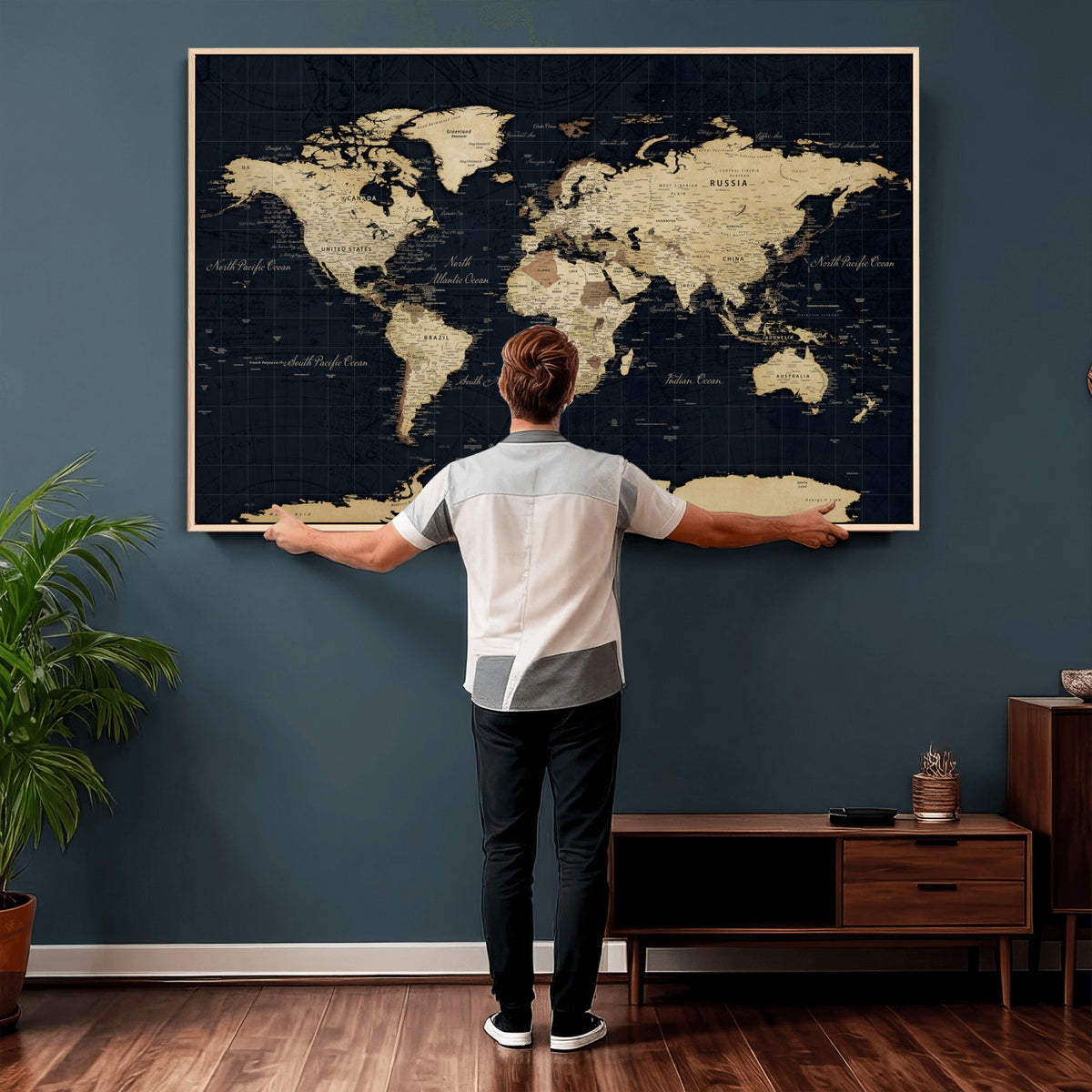 45063434-MGV-CV-36X24 - Dark World Map Canvas Wall Art Print, Minimal Black and Gold Map