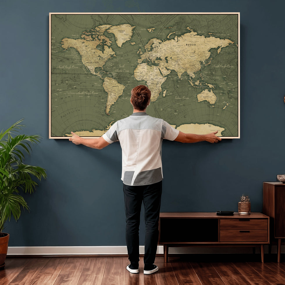 Large World Map Canvas Wall Art Print for Study Room Decor - Framed ...