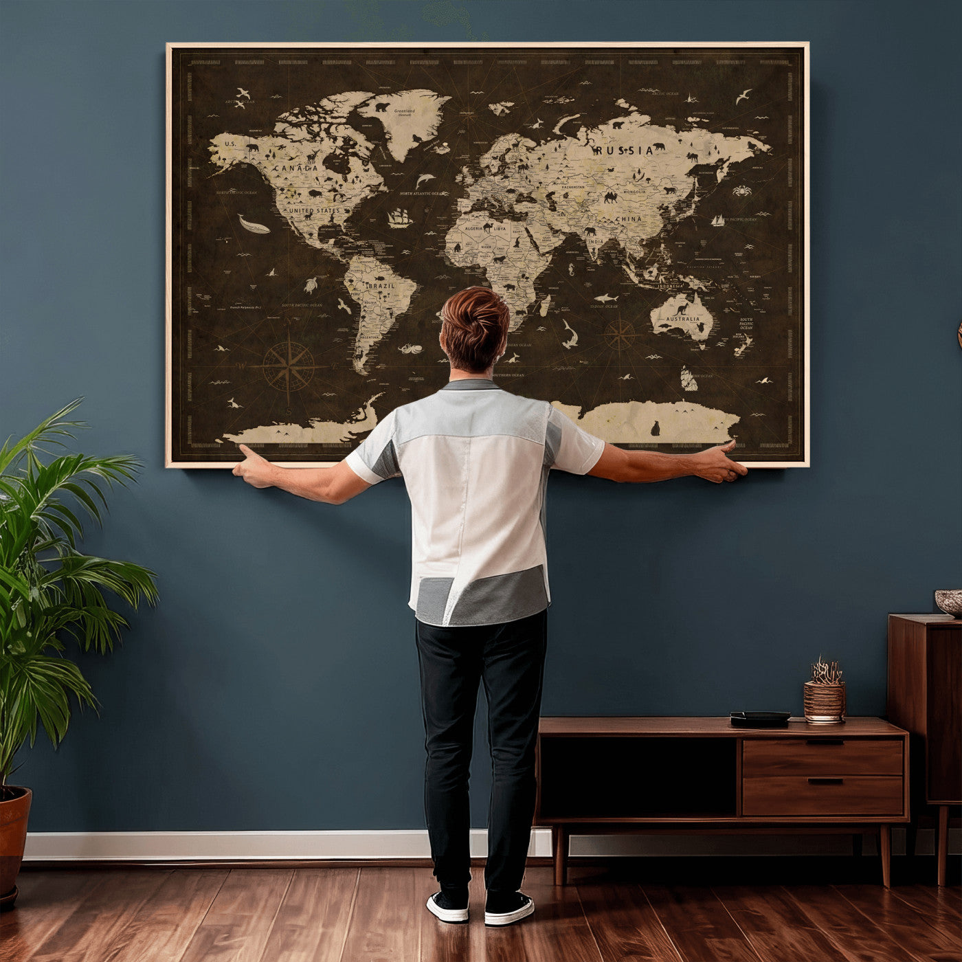 44276398-MGV-CV-36X24 - World Map Wall Art Canvas Print, Modern Decorative Framed Map Artwork Prints for Living Room, Office, Bedroom Wall Decor
