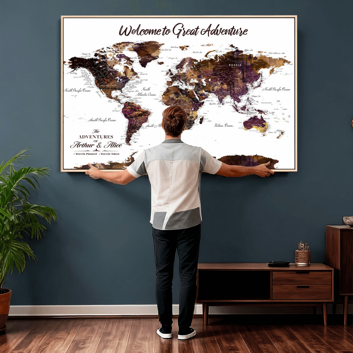 64110391125-MGV-CV-36X24 - Custom Push Pin World Map Wall Art Canvas Print | Personalized Travel Map
