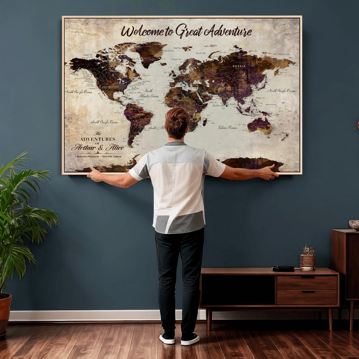 64110391126-MGV-CV-36X24 - Custom Beige World Travel Map Wall Art with Pins, Places Visited Tracker, Family Room and Entryway Decor