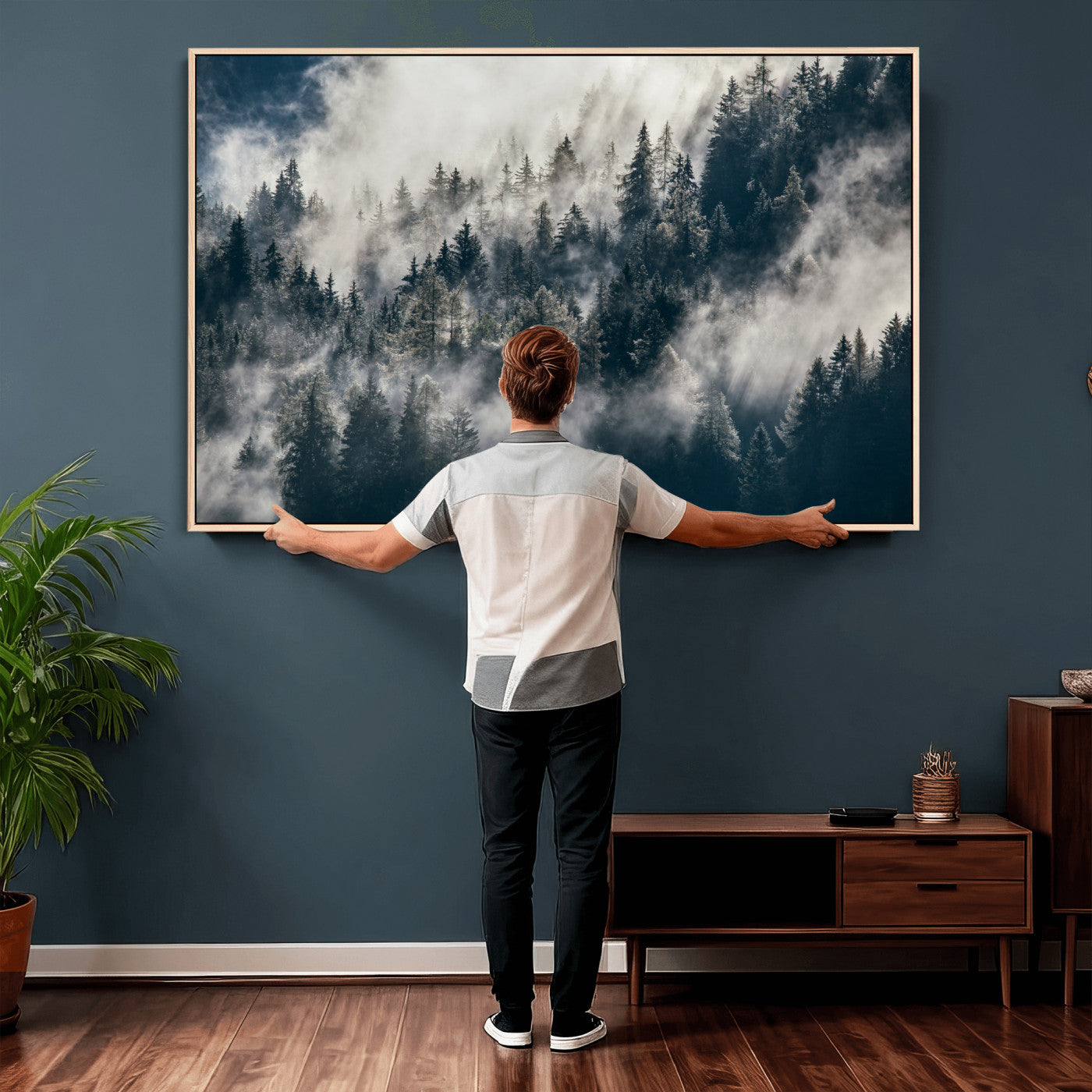 63405824-MGV-CV-36X24 - Foggy Mountain Forest Canvas Print, Misty Pine Trees Nature Wall Art, Framed Canvas Ready to Hang