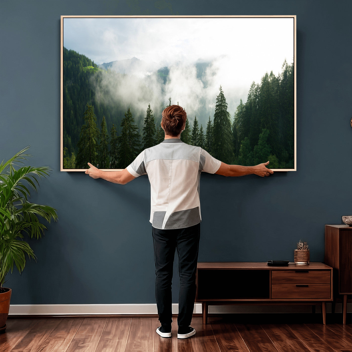 67174129-MGV-CV-36X24 - Misty Mountain Forest Canvas Print, Foggy Pine Trees Nature Wall Art, Framed Canvas Ready to Hang