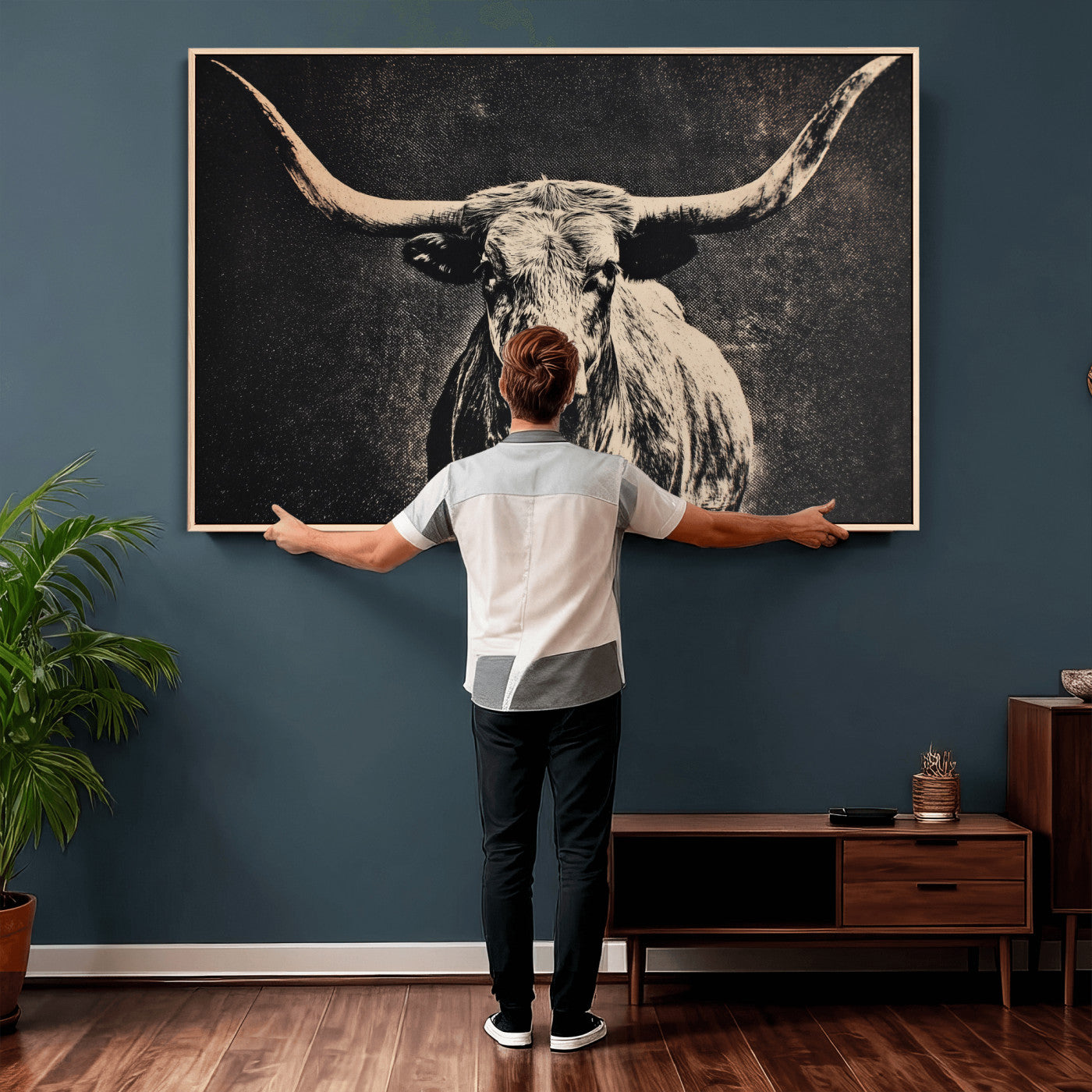 27394218-MGV-CV-36X24 - Vintage Texas Longhorn Bull Wall Art Canvas Print, Cow Portrait Photography Print, Framed Wall Art Ready to Hang