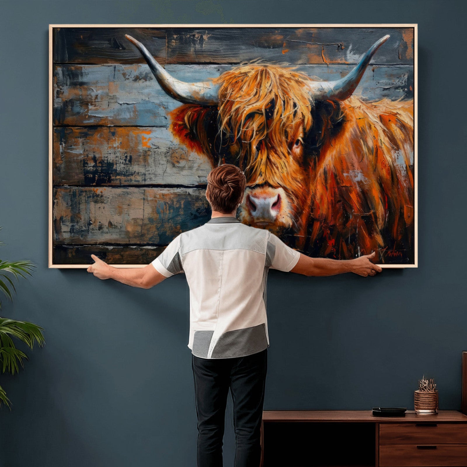 90271423-MGV-CV-36X24 - Highland Cow Wall Art Canvas Print, Abstract Rustic Farm Animal Wall Art Print, Framed Wall Art Ready to Hang
