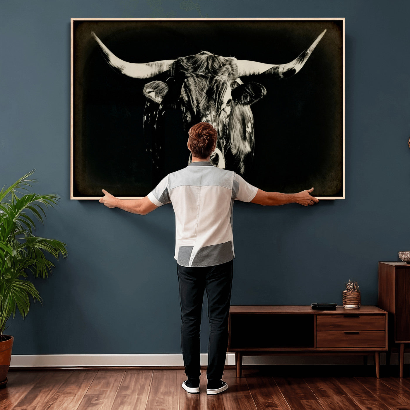 91364114-MGV-CV-36X24 - Black Bull Wall Art Canvas Print, Texas Longhorn Portrait Print, Framed Wall Art Ready to Hang