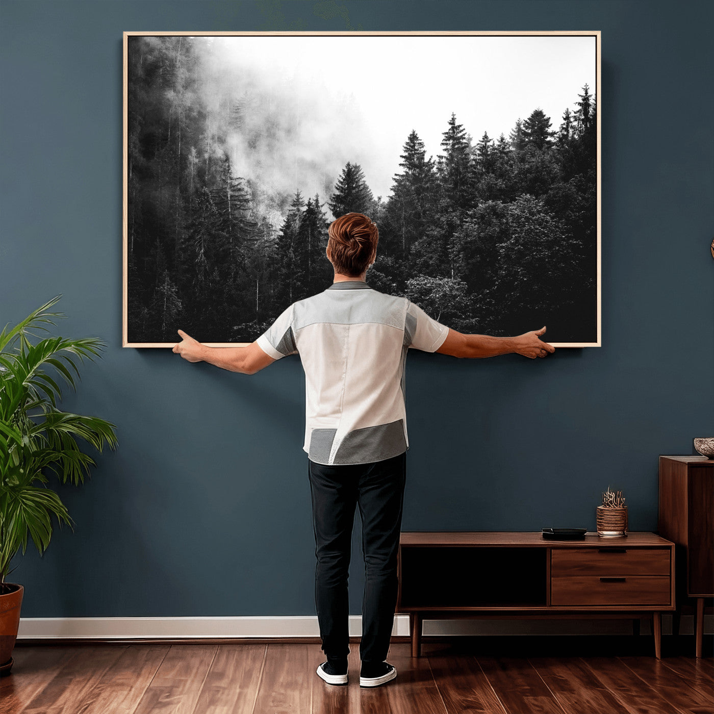 98764151-MGV-CV-36X24 - Black and White Forest Wall Art Canvas Print, Misty Pine Tree Landscape Photography, Framed Wall Art Ready to Hang