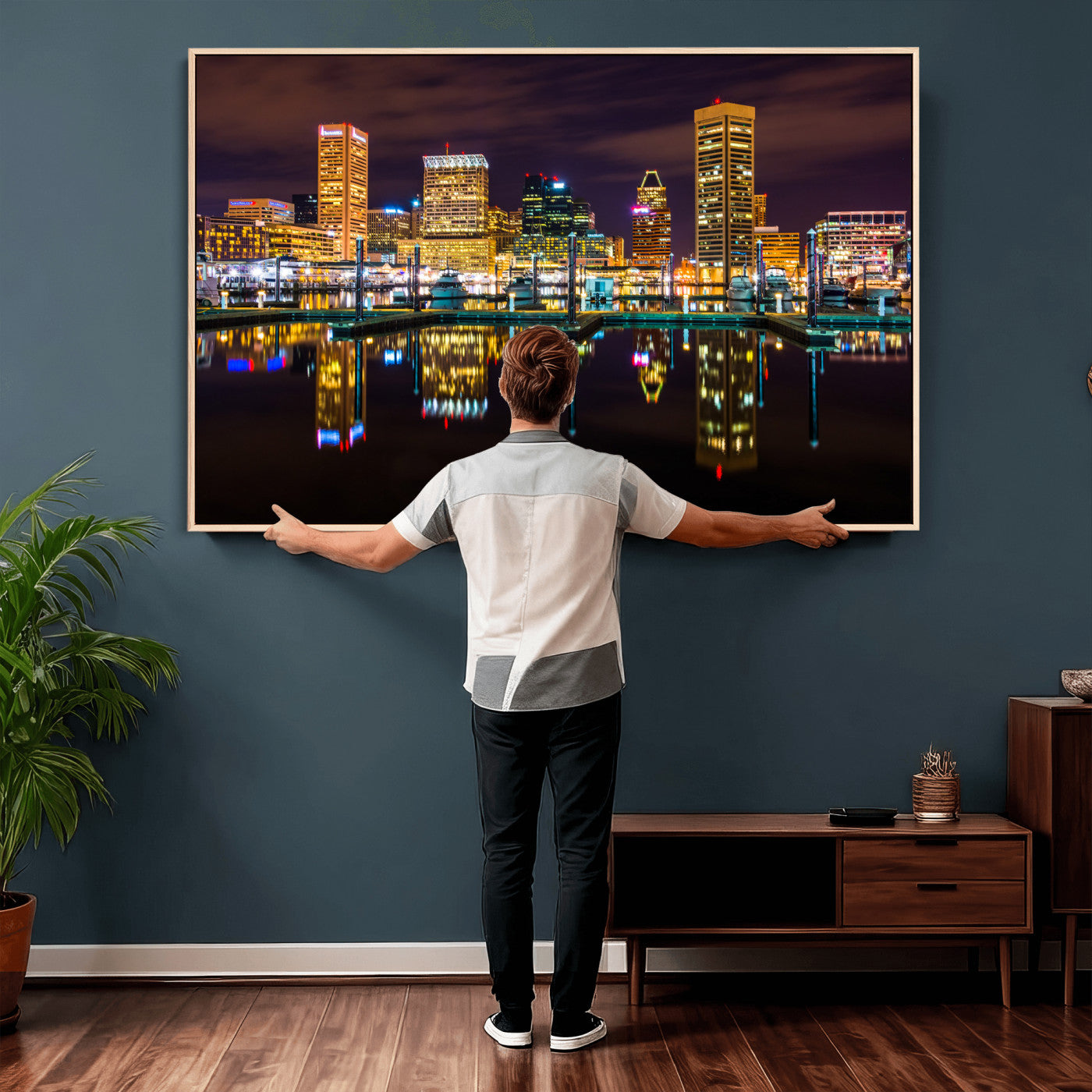 38201692-MGV-CV-36X24 - Baltimore Skyline Wall Art Canvas Print, Baltimore Downtown Night Cityscape Print for Modern Urban Wall Decor