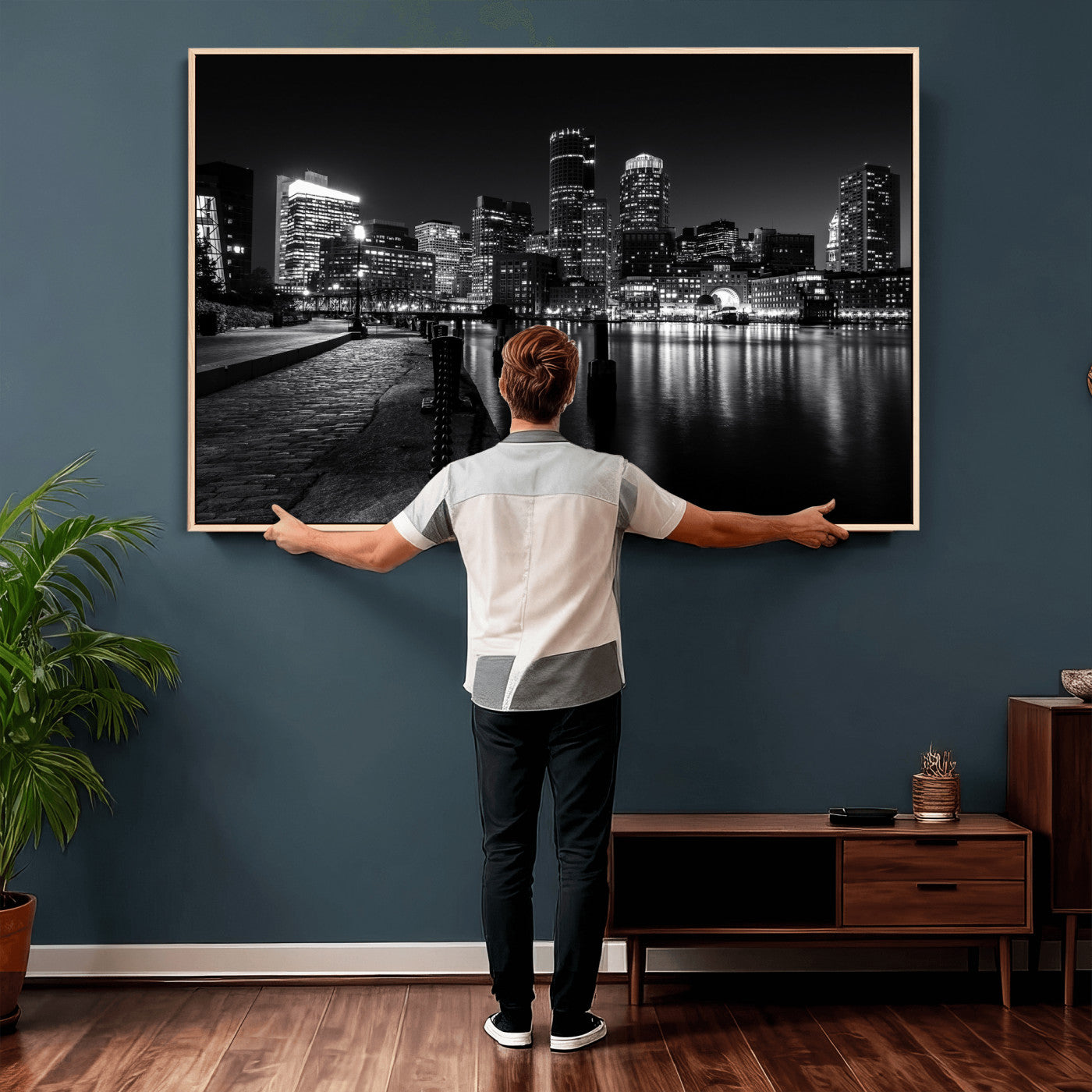 53082656-MGV-CV-36X24 - Boston Wall Art Canvas Print, Boston City Downtown Night Cityscape Print for Modern Urban Wall Decor