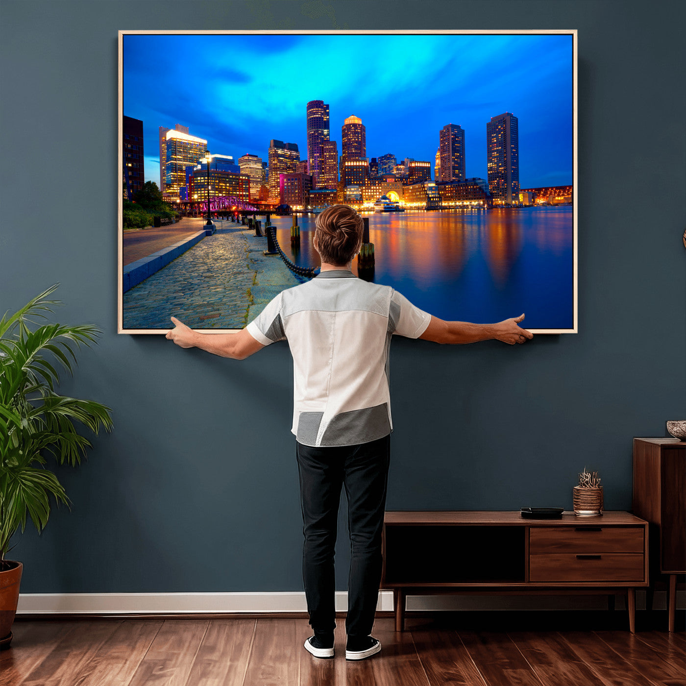 69619565-MGV-CV-36X24 - Boston Wall Art Canvas Print, Boston City Downtown Night Cityscape Print for Modern Urban Wall Decor