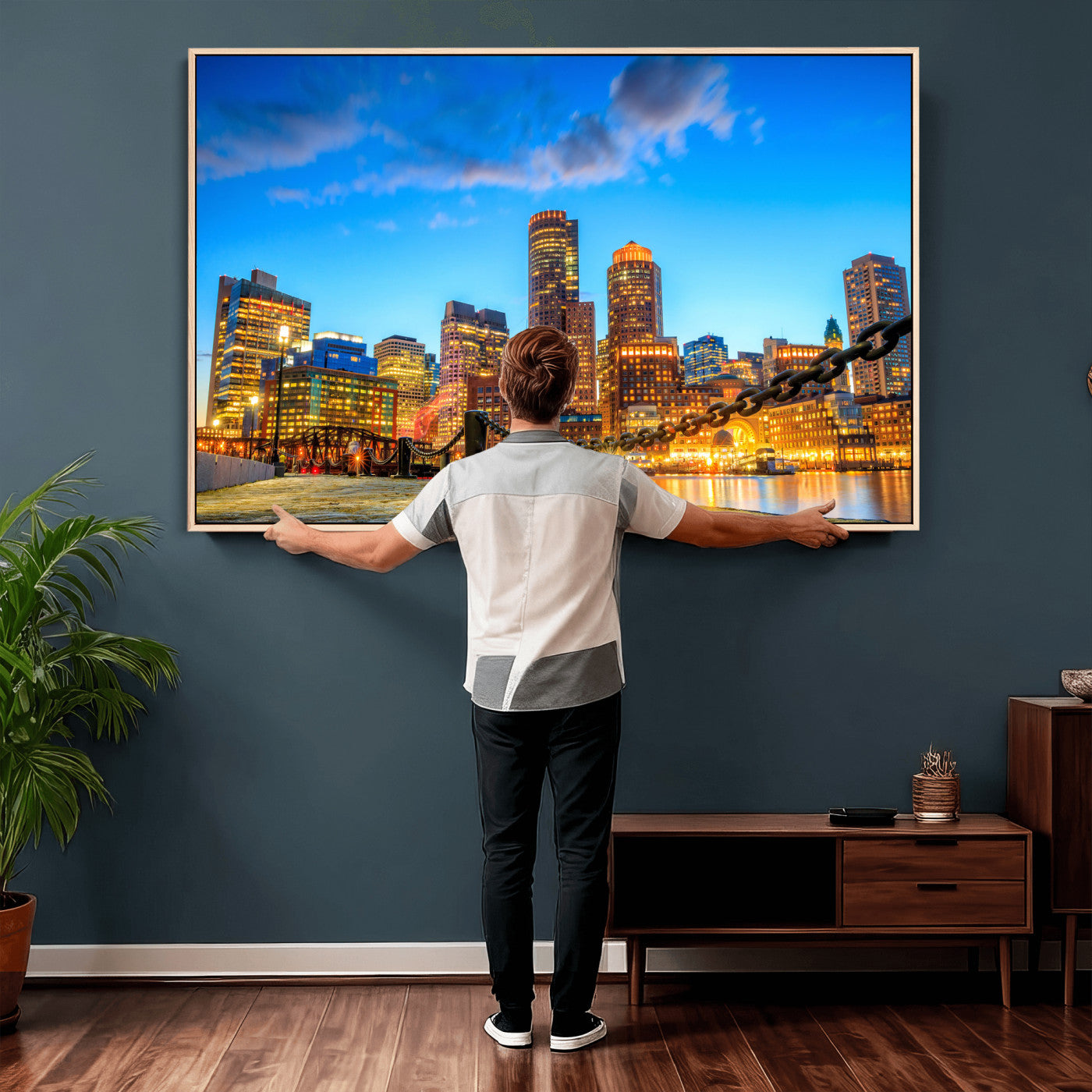 46736409-MGV-CV-36X24 - Boston Wall Art Canvas Print, Boston City Downtown Night Cityscape Print for Modern Urban Wall Decor