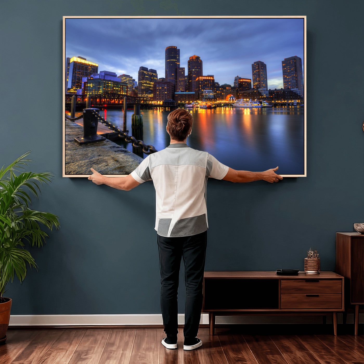82439622-MGV-CV-36X24 - Boston Wall Art Canvas Print, Boston City Downtown Night Cityscape Print for Modern Urban Wall Decor