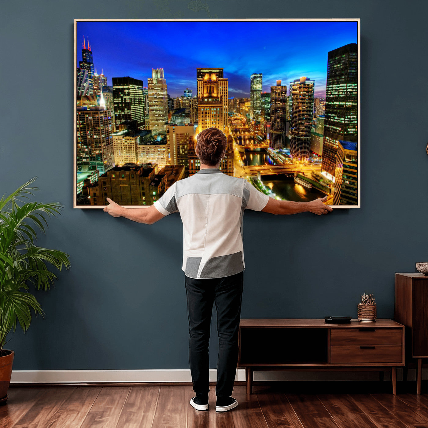 46298885-MGV-CV-36X24 - Chicago Wall Art Canvas Print, Chicago City Downtown Night Cityscape Print for Modern Urban Wall Decor