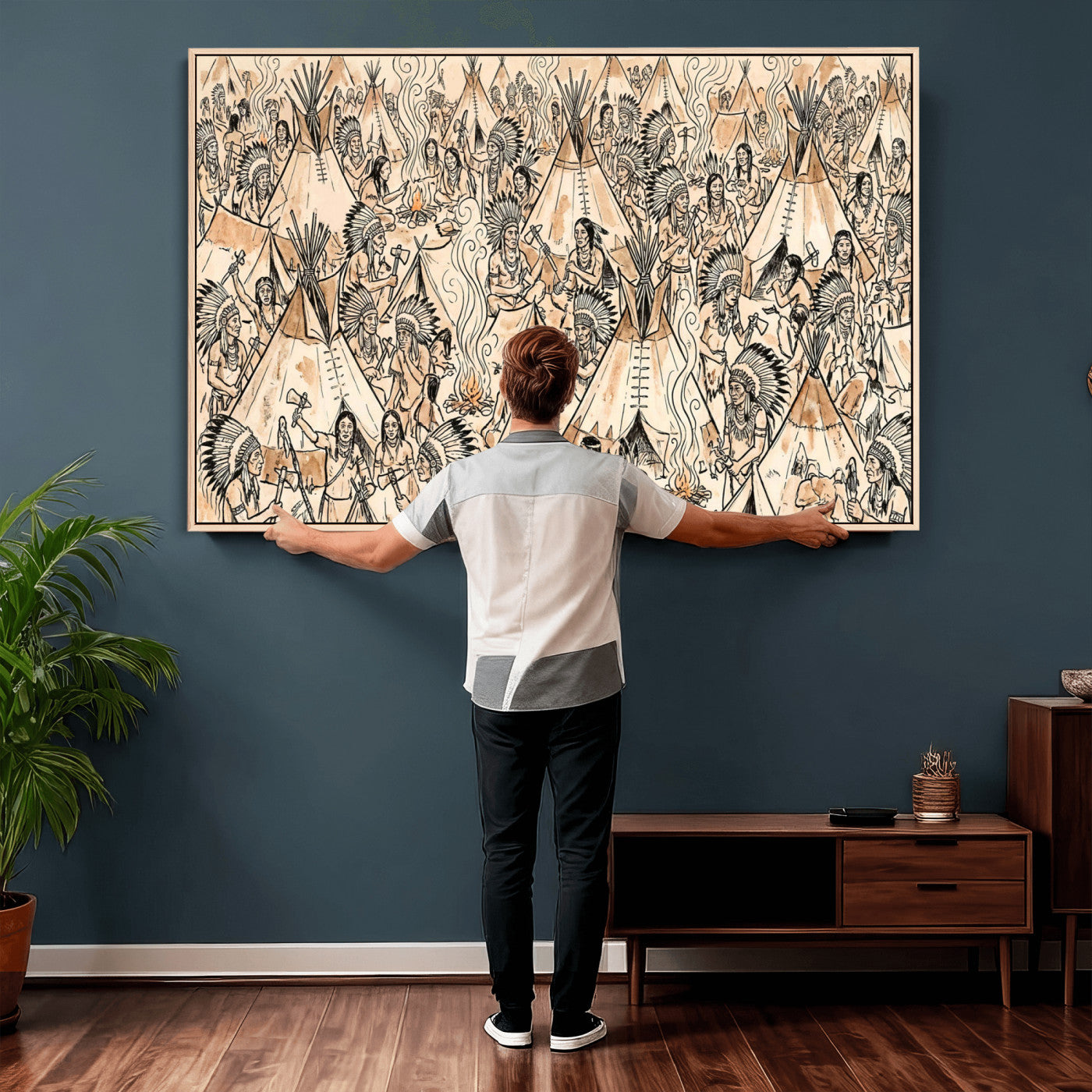 72739176-MGV-CV-36X24 - Farmhouse Animals Wall Art Canvas Print - Abstract Farm Animal Drawing Mid-Century Wall Art for Cabin Decor