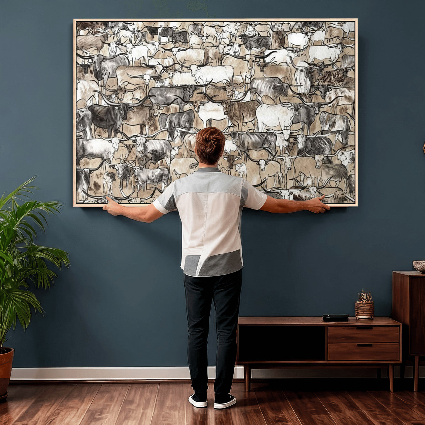 64368752-MGV-CV-36X24 - Farmhouse Animals Wall Art Canvas Print - Abstract Farm Animal Drawing Mid-Century Wall Art for Cabin Decor