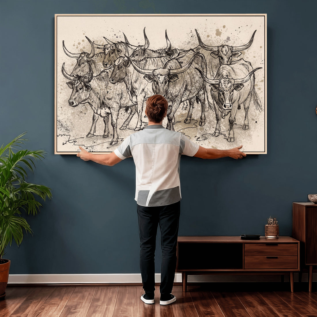 Abstract Cow Longhorn Wall Art Canvas Print for Cabin Decor