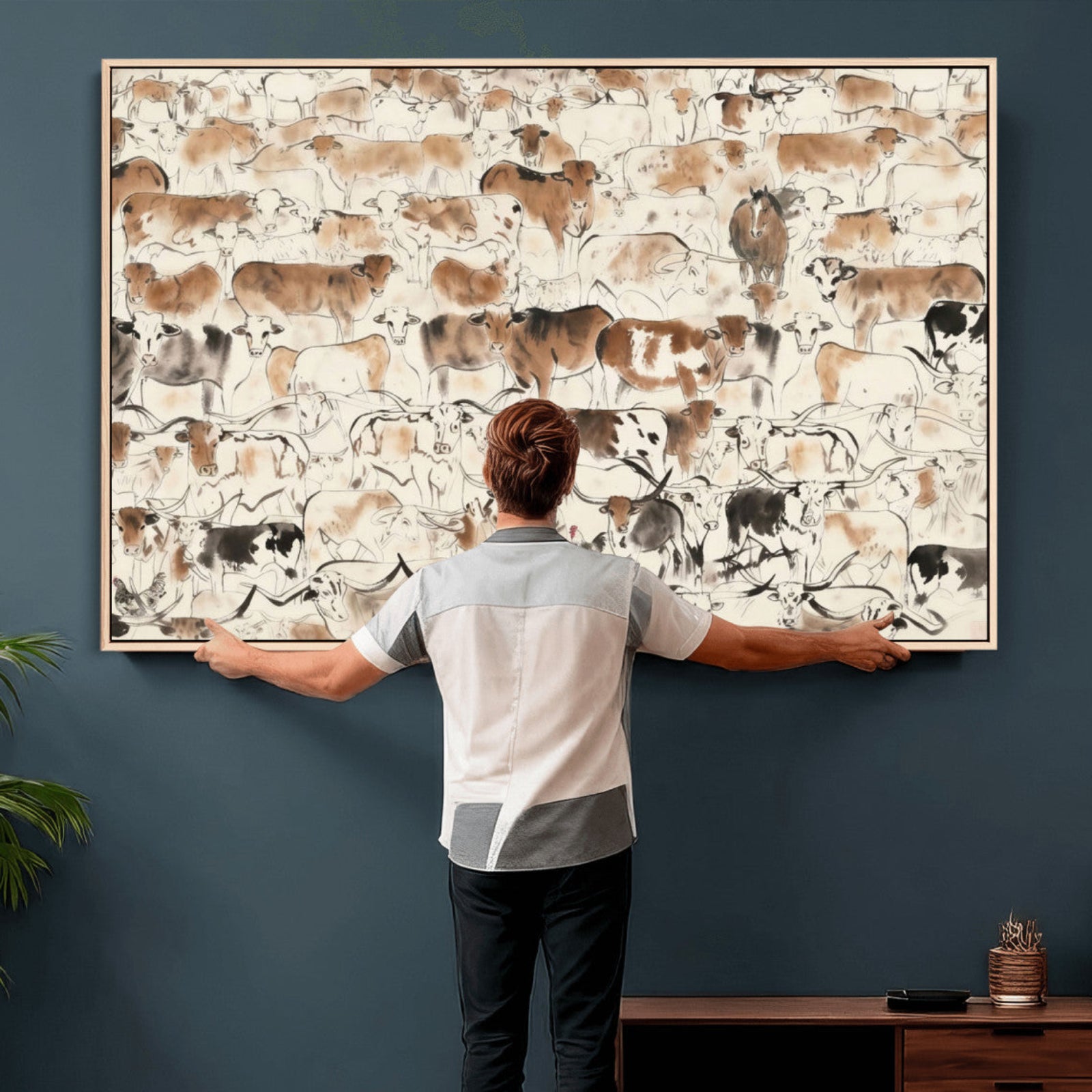 69961368-MGV-CV-36X24 - Farmhouse Animals Wall Art Canvas Print - Abstract Farm Animal Drawing Mid-Century Wall Art for Cabin Decor
