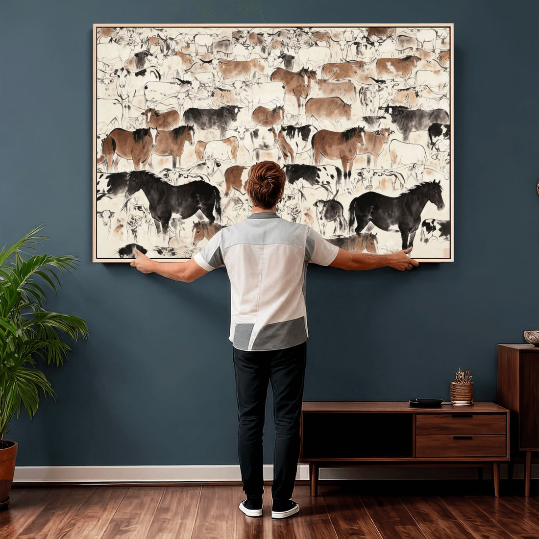 Wild Horses Wall Art Canvas Print, Abstract Farm Longhorn