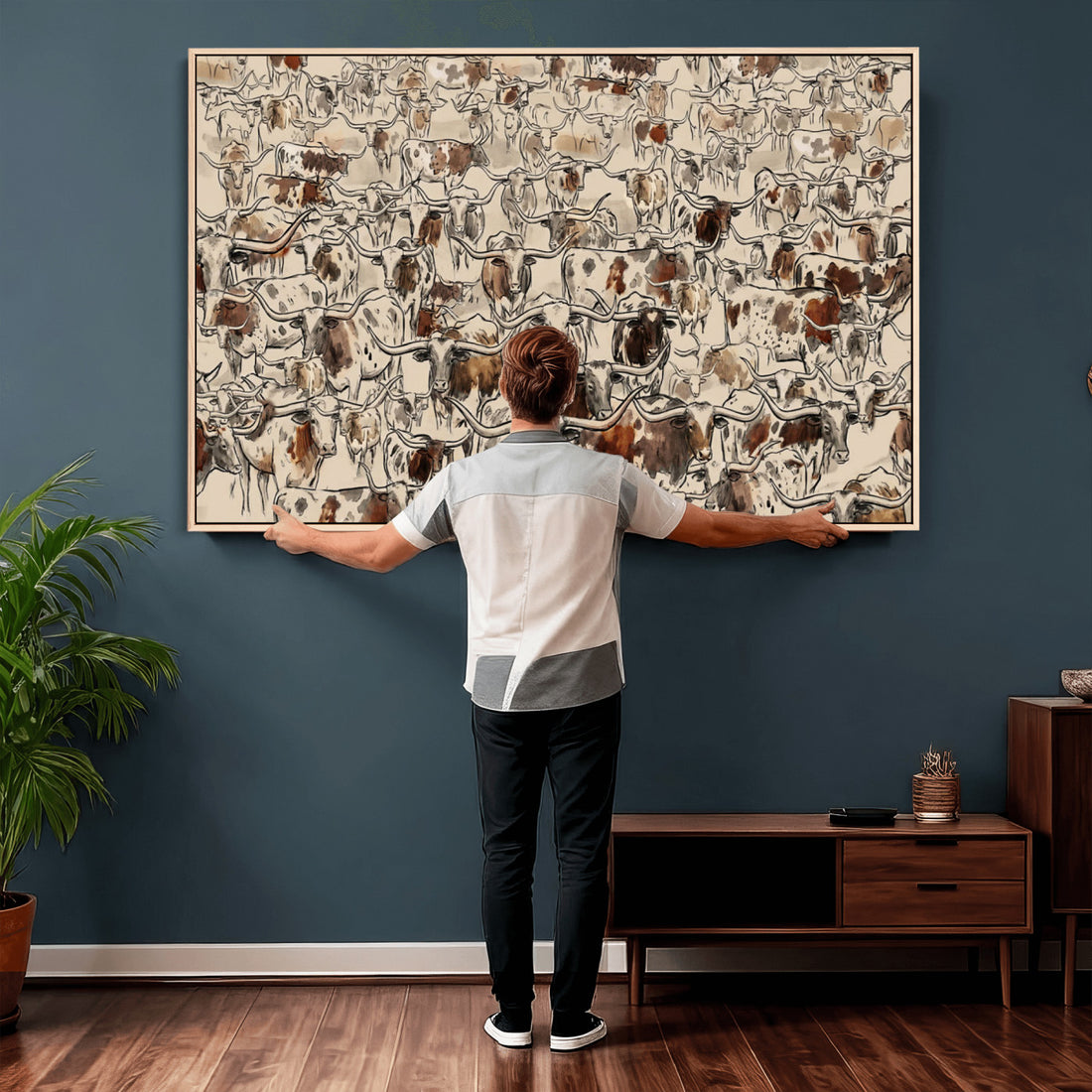 Abstract Longhorn Wall Art Canvas Print, Farm Animal Drawing, Mid-Century Cabin Decor