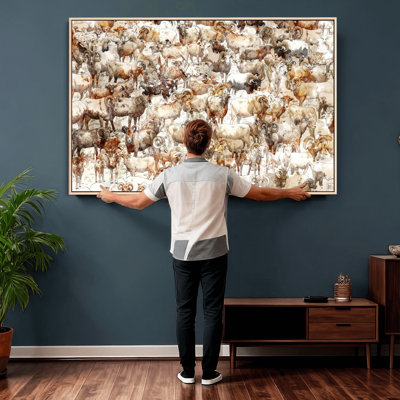 95103864-MGV-CV-36X24 - Farmhouse Animals Wall Art Canvas Print - Abstract Farm Animal Drawing Mid-Century Wall Art for Cabin Decor