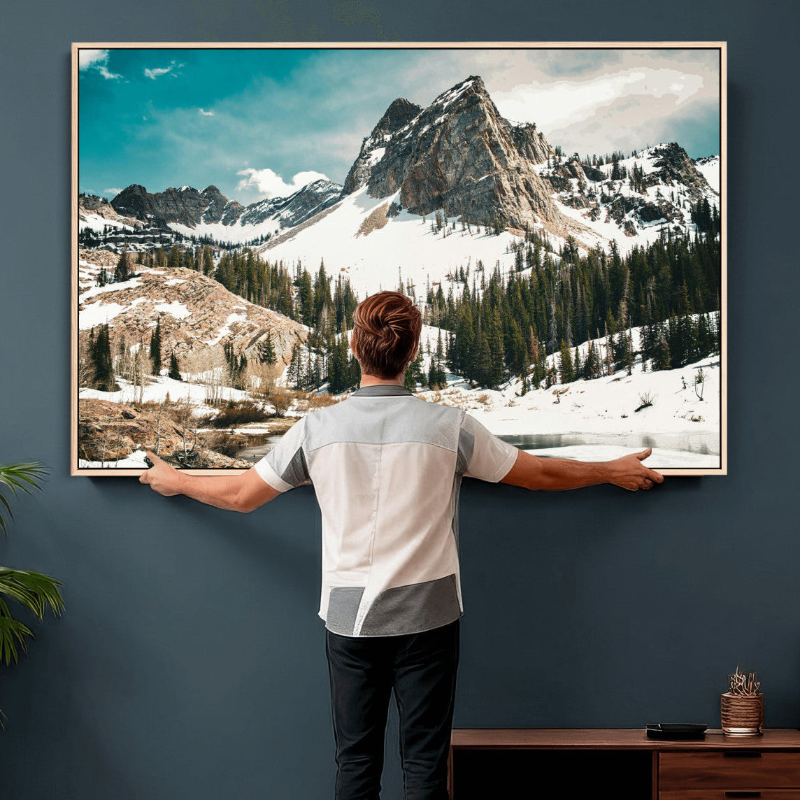 56837070-MGV-CV-36X24 - Snowy Mountain Landscape Wall Art Canvas Print, Alpine Pine Forest Winter Nature Wall Decor for Living Room and Office