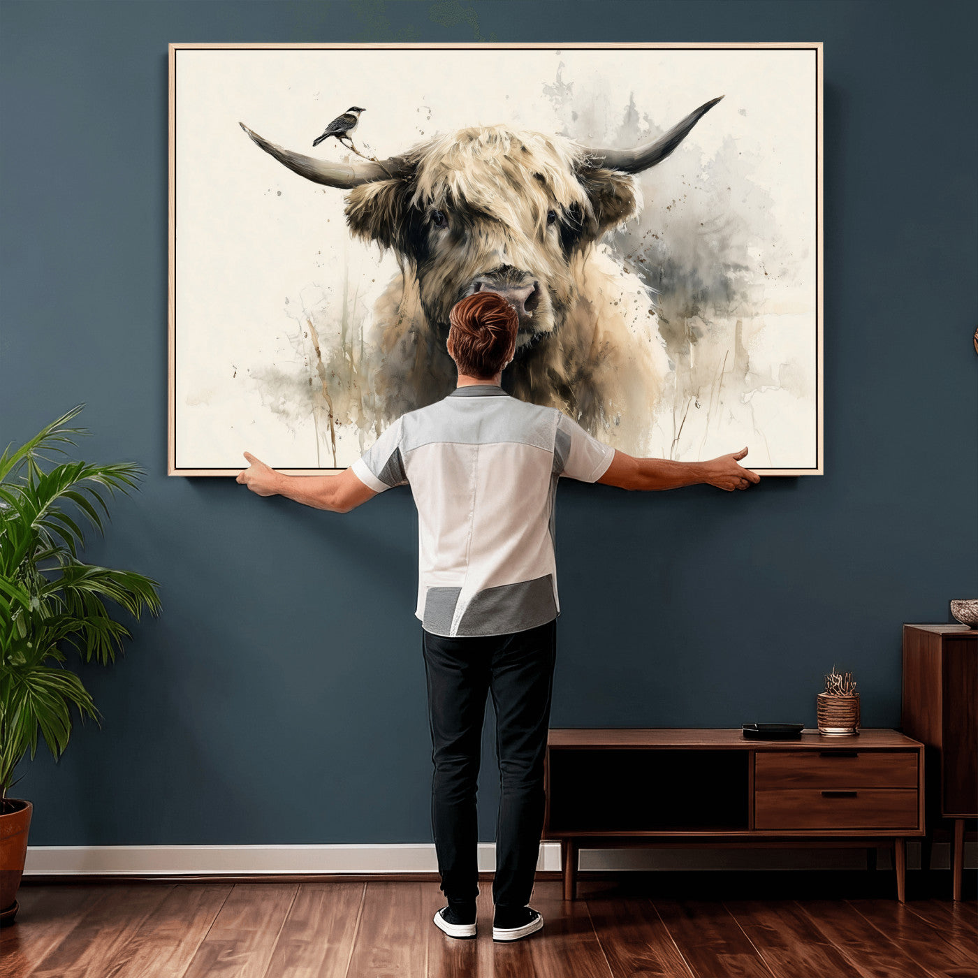 98249290-MGV-CV-36X24 - Abstract Highland Cow Watercolor Animal Wall Art Canvas Print, Rustic Farm Cattle Portrait Canvas Print, Neutral Wildlife Farmhouse Art Printing