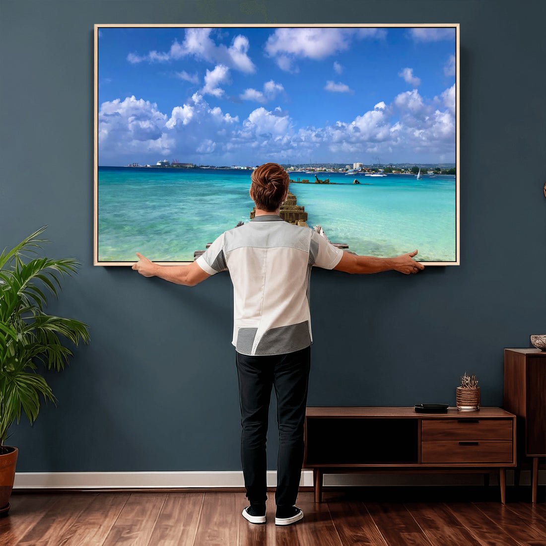 Caribbean Ocean Pier Seascape Wall Art Canvas Print, Turquoise Tropical Harbor
