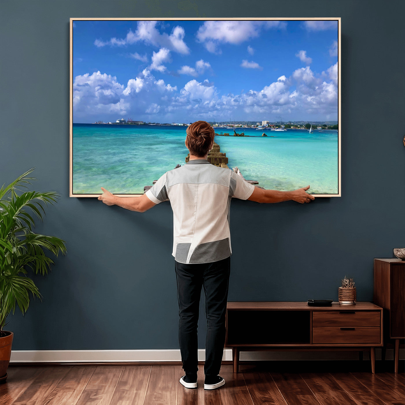 43165024-MGV-CV-36X24 - Caribbean Ocean Pier Seascape Wall Art Canvas Print, Turquoise Sea Tropical Harbor Canvas Print, Island Coastal Blue Water Scenic Art Printing