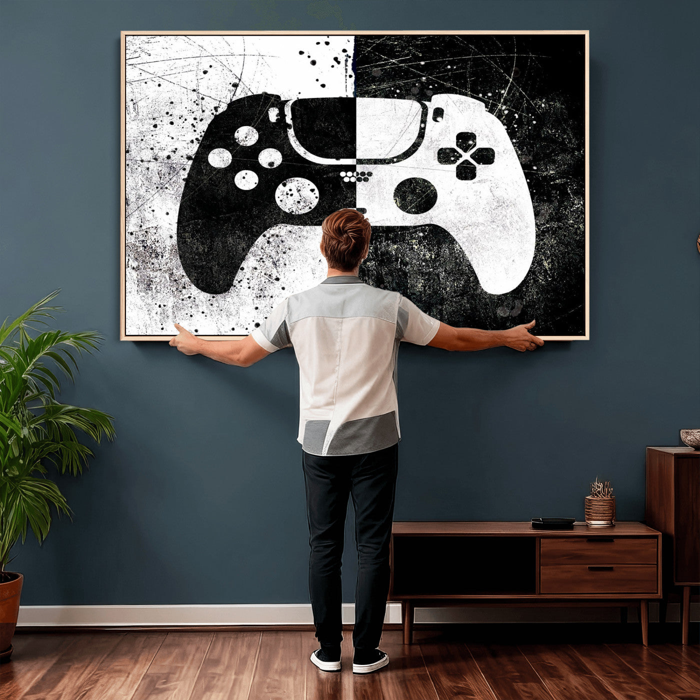 17525128-MGV-CV-36X24 - Abstract Gaming Controller Wall Art Canvas Print, Black White Video Game Controller Modern Canvas Print, Minimal Gamer Graphic Art Printing