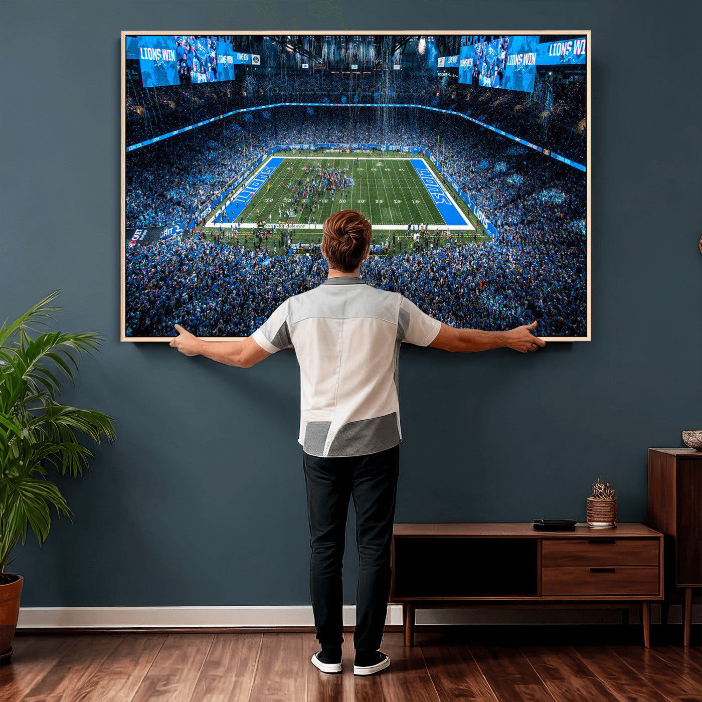 80882005-MGV-CV-36X24 - Detroit Lions Stadium Wall Art Canvas Print, Football Field Panorama Artwork, NFL Game Night Stadium Decor