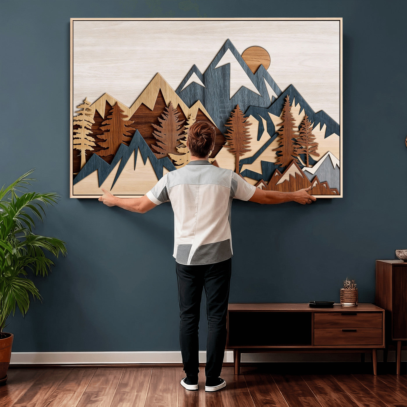 39888898-MGV-CV-36X24 - Layered Wooden Mountain Wall Art Canvas Print, Modern Rustic Forest and Pine Landscape Wall Decor