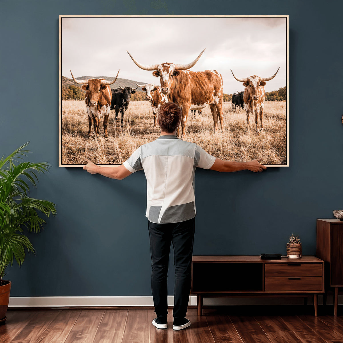 27539727-MGV-CV-36X24 - Texas Longhorn Cattle Wall Art Canvas Print, Sepia Western Decor