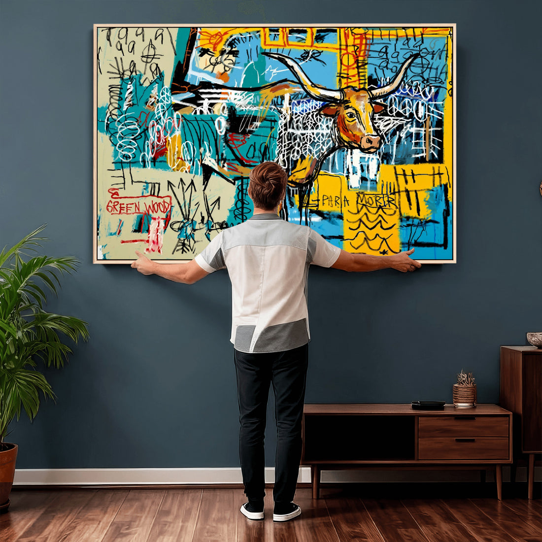 Basquiat Style Bird Bull Graffiti Wall Art Canvas Print, Street Art