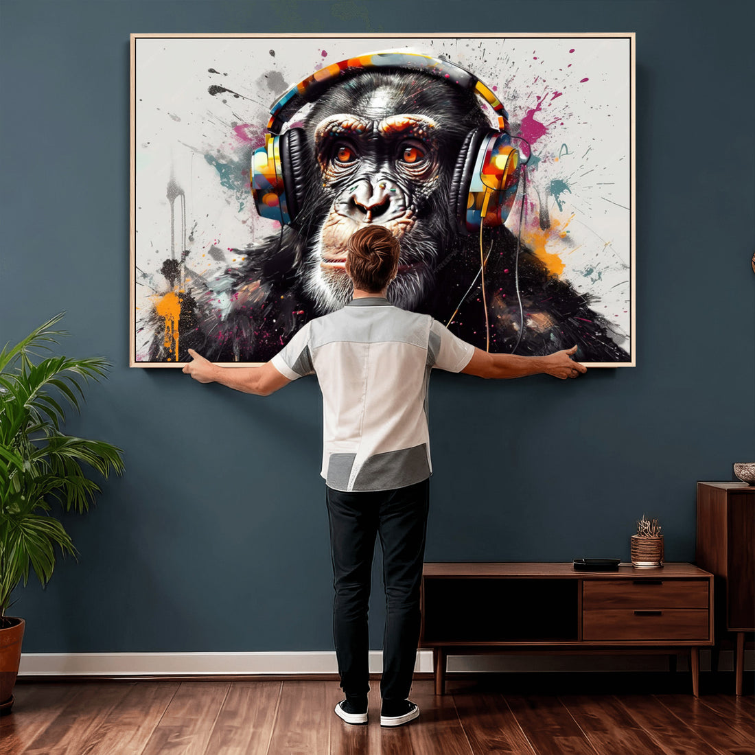 DJ Monkey Wall Art Canvas Print | Colorful Pop Art, Banksy Style Graffiti Chimpanzee