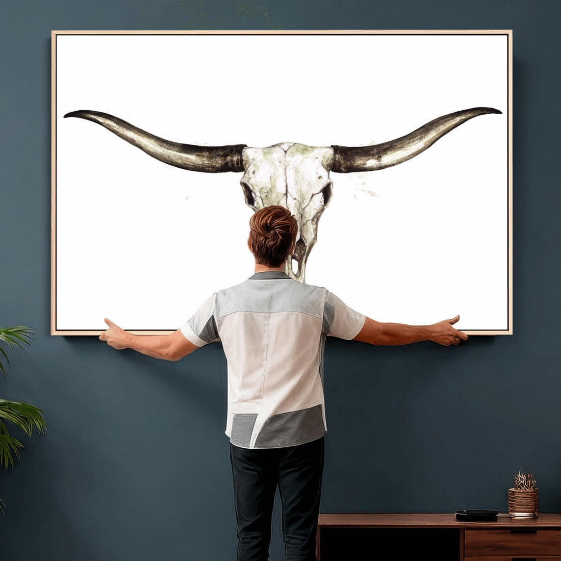 Longhorn Skull Wall Art Canvas Print, Rustic Western Decor, Framed and Ready to Hang