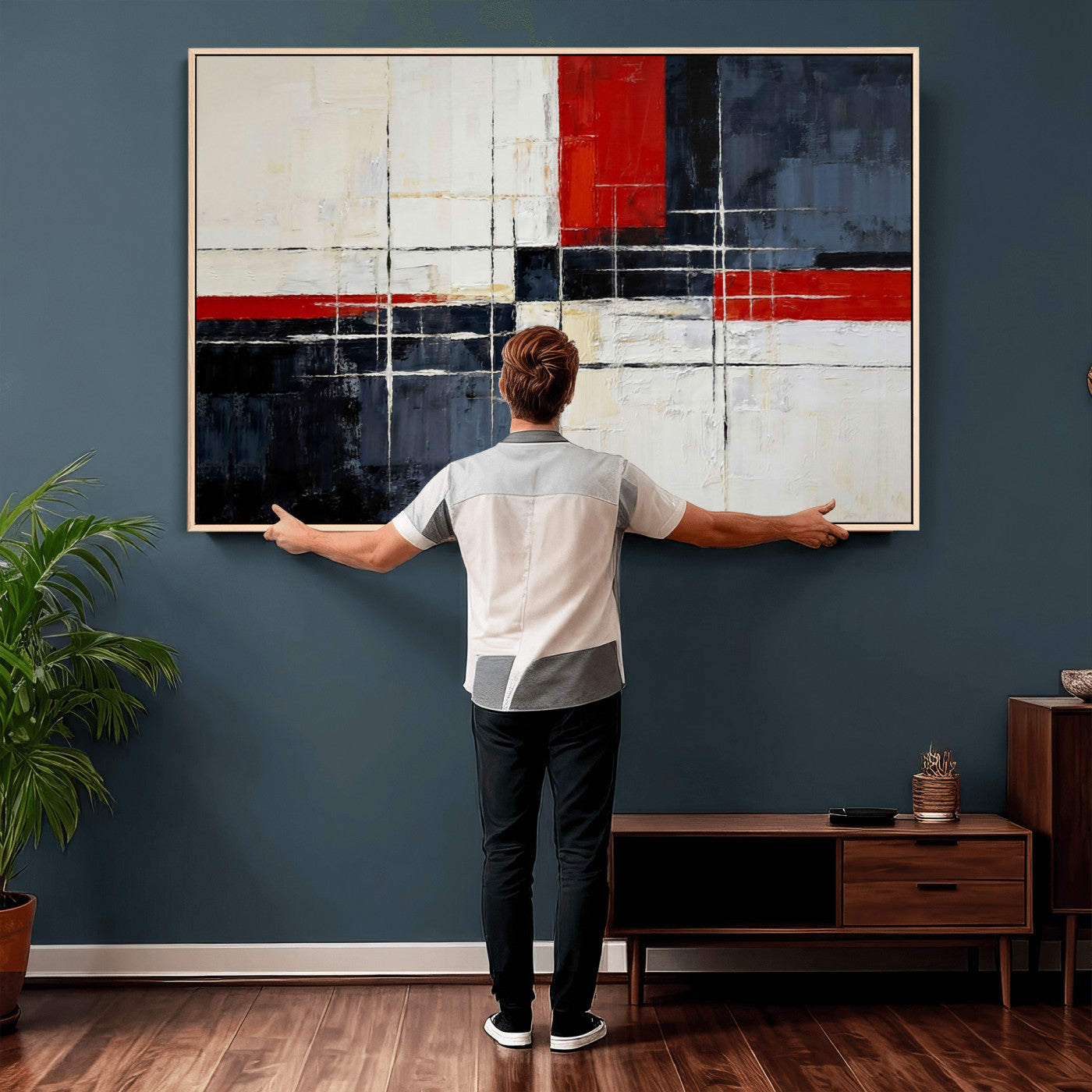 44088165-MGV-CV-36X24 - Navy Red Abstract Wall Art Canvas Print, Modern Luxury Geometric Painting Wall Decor for Living Room and Office