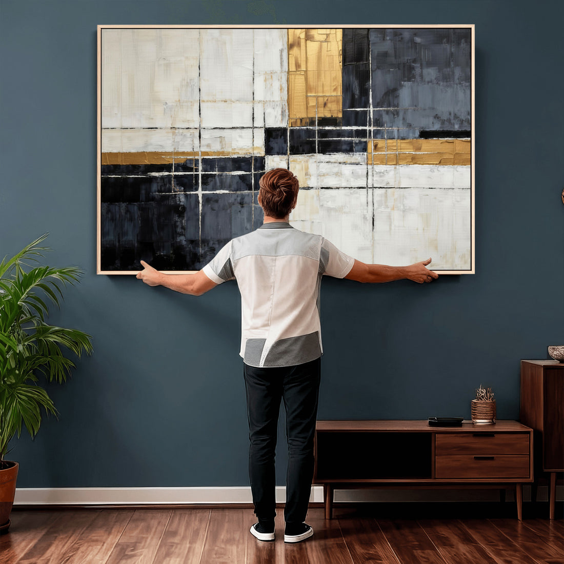 Gold Abstract Wall Art Canvas Print, Modern Luxury Geometric Art for Living Room and Office