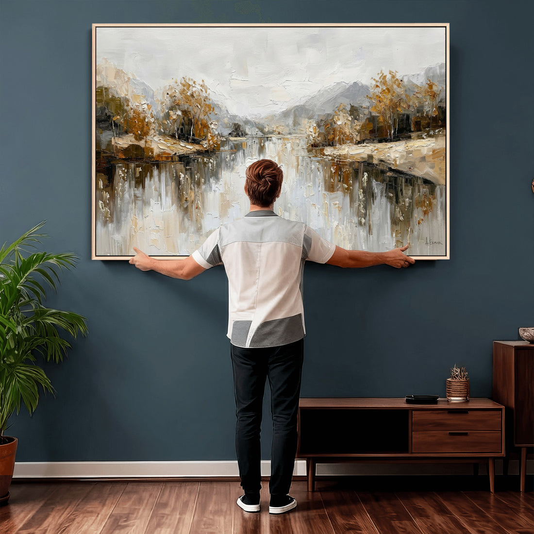 Neutral Abstract Lake Landscape Wall Art Canvas Print